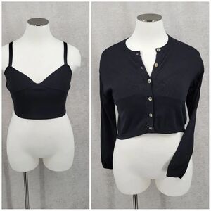 Gianni Bini Vanna Black Sweater Set Cardigan Knit Cropped Tank Women's XL